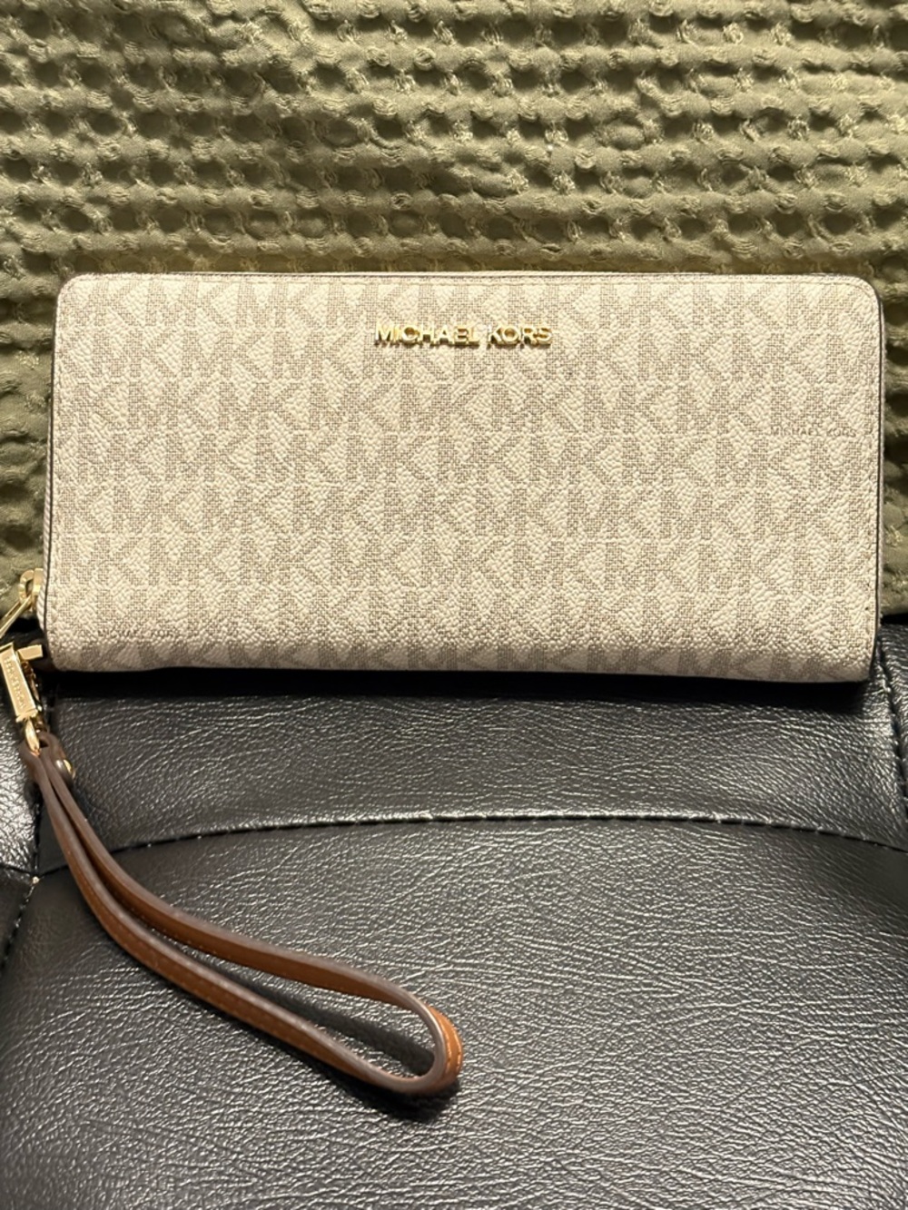 Michael Kors Cream Signature Zip Wristlet Wallet with Brown Strap